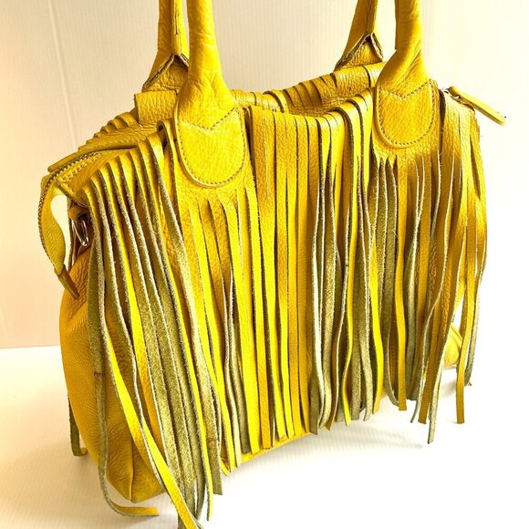 Alberta Di Canio Fringe Shoulder Bag Pebbled Leather Yellow Boho Western Hippie - Picture 11 of 16